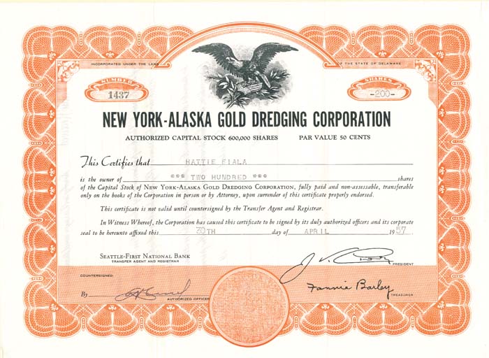 New York-Alaska Gold Dredging Corporation - Mining Stock Certificate